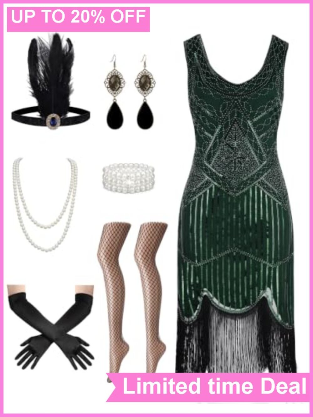 1920s Flapper Dress Sequin Fringe Costume Set with Accessories